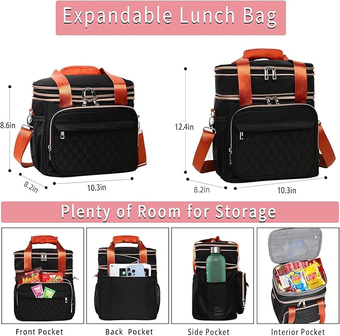 GLENKEY Expandable Lightweight Insulated Lunch Box for Women, Double Deck Large Lunch Bag Leakproof Soft Cooler Bags with Shoulder Strap for Adults Work Office Flight Beach Travel, Black, 16L