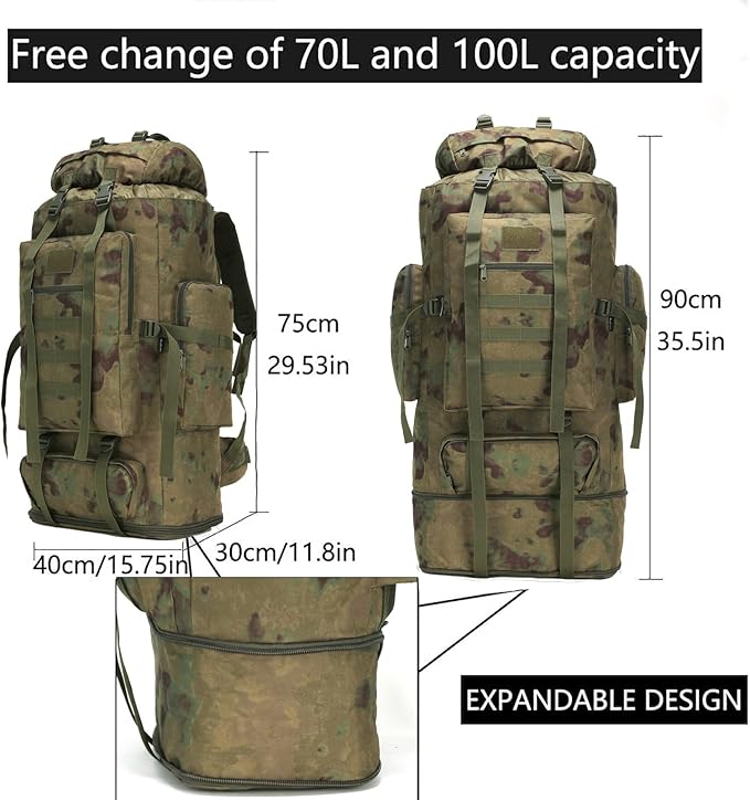 Hiking Backpack for Men 70L/100L Camping Backpack Military Rucksack Molle 3 Days Assault Pack for Climbing