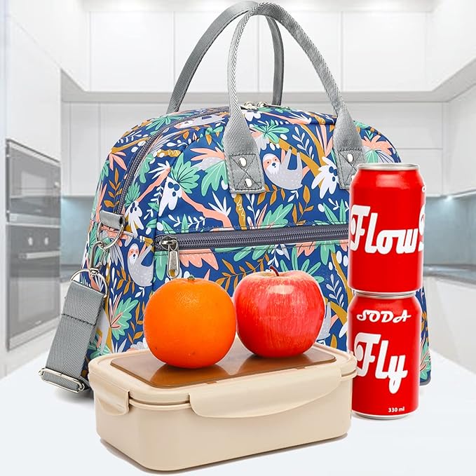 FlowFly Insulated Lunch Bag With Shoulder Strap for Women, Men, and Kids, Large and Reusable, Handle, Freezable Work and School Travel Tote and Meal Prep Organizer,Sloth