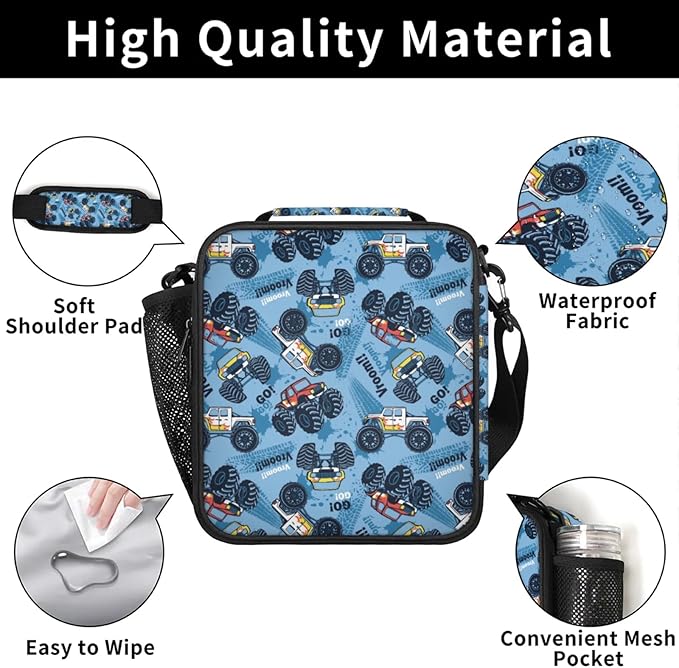 Blue Monster Truck Kid Lunch Bags with Shoulder Strap Insulated Lunch Boxes for Boy Girls Waterproof Thermal Cooler Tote Bag Portable Picnic Bag for School Work Outdoor Gifts