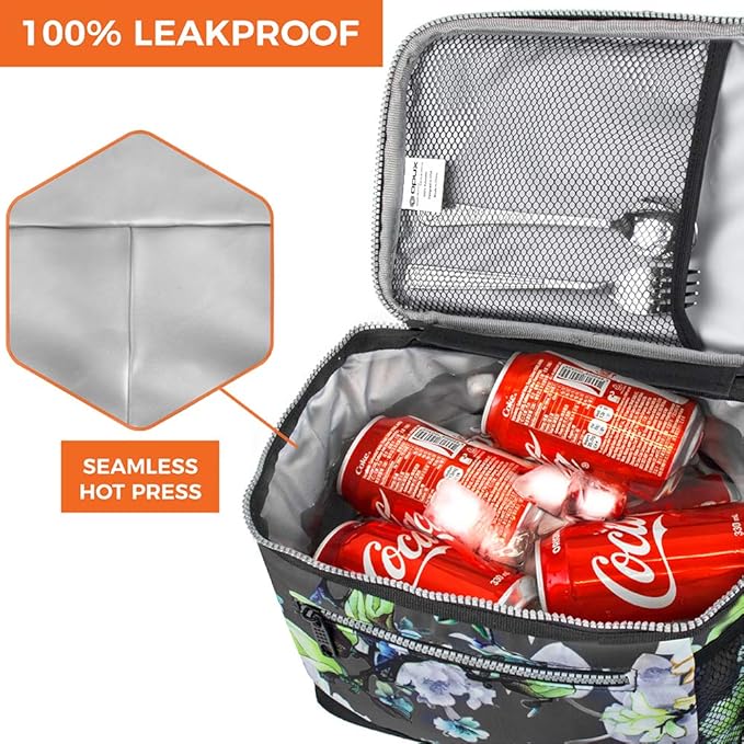 opux Insulated Lunch Box Men Women, Lunch Bag for Work School, Leakproof Soft Cooler Tote Adult, Large Lunch Pail Kids Boys Girls, Picnic Beach Food Bag with Shoulder Strap, Grey Floral