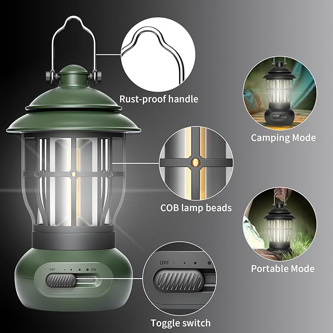Camping Lamp, COB Lantern for Power Outage, Emergency Supplies, Suitable for Indoor and Outdoor, Portable Lantern, Green