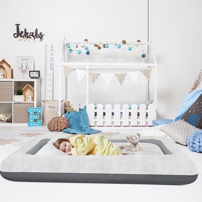 Air Mattress for Kids：Portable Fast Kid air Mattress, Portable Toddler Inflatable Travel Bed, Surface with Plush Smooth Comfortable Ideal for Living Room, Room and Outdoor Camping use（Gray）