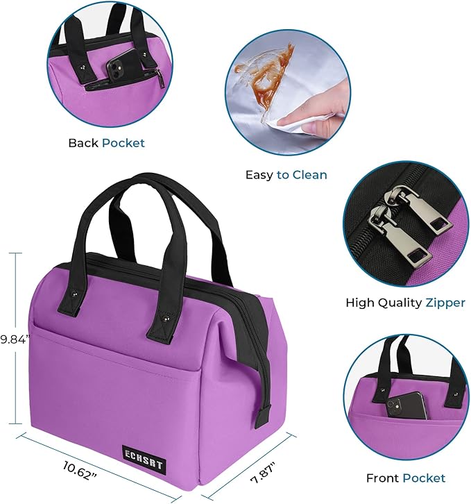 ECHSRT Large Insulated Lunch Bag for Women Men Leakproof Cooler Lunch Tote Bags for Work Travel Adult Thermal Lunchbox for Office -10L Purple