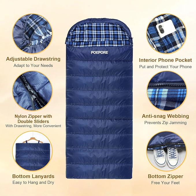 Flannel Sleeping Bag 0 Degree Cold Weather for Adults XXL Sleeping Bag 4 Season Big and Tall with Compression Sack