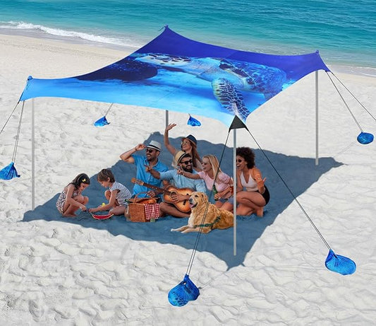 Rhino Valley Beach Tent Sun Shelter, 10x10FT Beach Canopy Tent Sun Shade UPF50+ Protection with 8 Sandbags 4 Stability Poles, Outdoor Beach Shade Canopy 6-8 People for Beach Camping Fishing