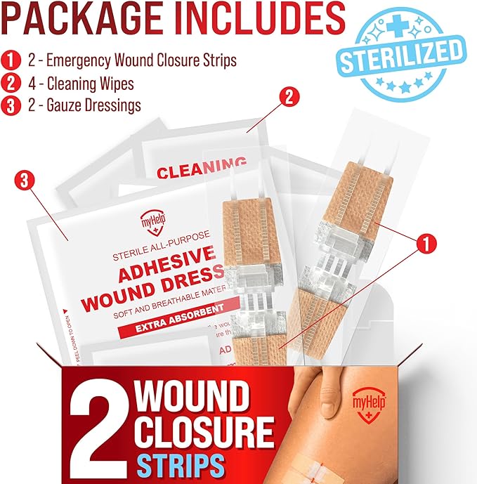Emergency Wound Closure Strips - 2pk - Laceration Closure Kit - Stitchless & Easy to Use - Butterfly Bandages