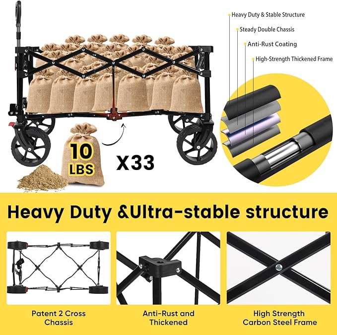 Sekey 330lbs Collapsible Foldable Wagon with Large Capacity, Heavy Duty Folding Utility Garden Cart with Big All-Terrain Beach Wheels & Drink Holders. Gray