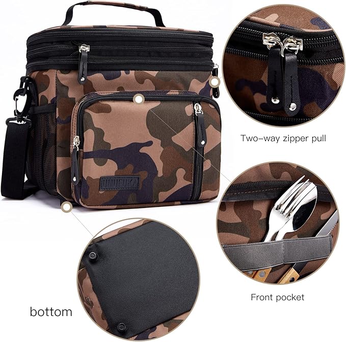 Men's Double/Women's Compartment Lunch bag, Insulated Lunch Cooler Tote 2 Roomy Large Reusable Water-resistant Lunch box (Camouflage)