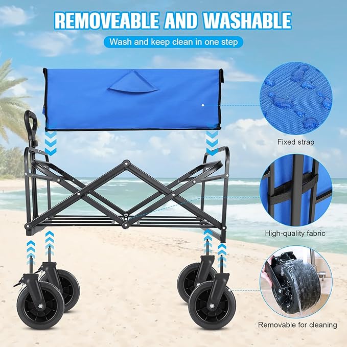 Beach Wagon,Collapsible Foldable Wagon Cart with Big Wheels,Utility Folding Grocery Lounge All Terrain Wagon with Side Pocket and Brakes for Sand Camping Sports Outdoor(Blue).
