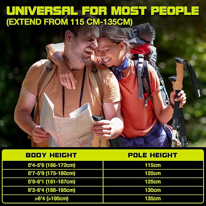 Collapsible Trekking Poles for Hiking-Lightweight Adjustable Walking Sticks with 7075 Aluminum,Anti-Shock,Quick Lock&Cork Grips for Men/Women,Camping,Backpacking,Mountaineering,2 Pcs