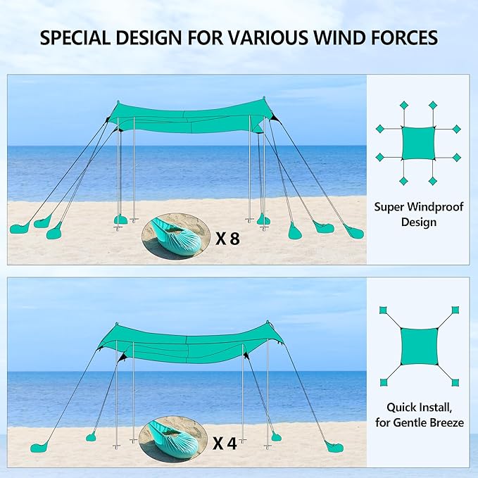 Beach Canopy Tent Sun Shade - Uboway UPF50+ Protection Sun Shelter with 4-8 Sandbags, Includes Stability Poles and Big Ground Pegs, Toldo de Playa 10X10FT, Pop Up Tent for Beach or Camping, Blue