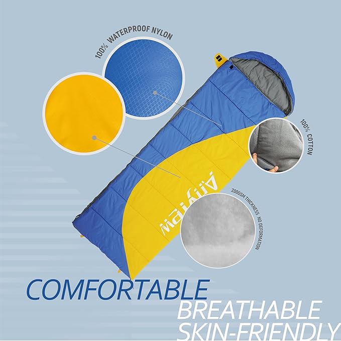 Nylon Sleeping Bag,Blue & Yellow,Flannel Cotton,Portable Tightening Bag Lightweight,Cold Weather Sleeping Bag Waterproof-Warm Camping Hiking Outdoor Travel Hunting