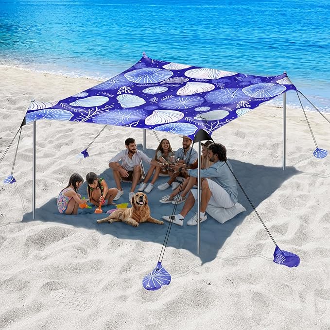 Beach Tent Sun Shelter, 10 x 10 FT Beach Canopy Tent Sun Shade, UPF50+ Beach Tent Canopy with 8 Sandbags & 4 Stability Poles, Outdoor Beach Tent for Beach Camping Fishing, Jellyfish
