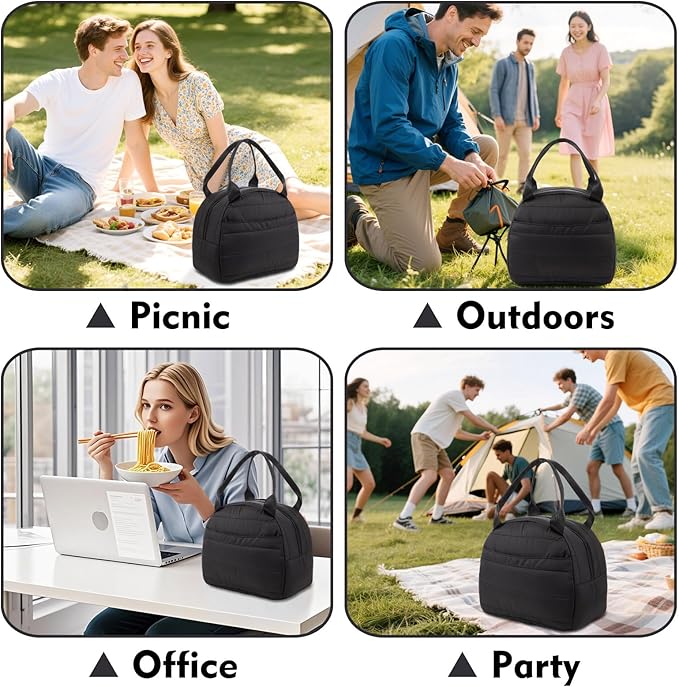 Lunch Bag Lunch Box for Women Men Adult Insulated Cute Small Quilted Puffer Lunchbox Reusable Thermal Lunch Cooler Tote Bag for Work, Picnic or Travel-Black