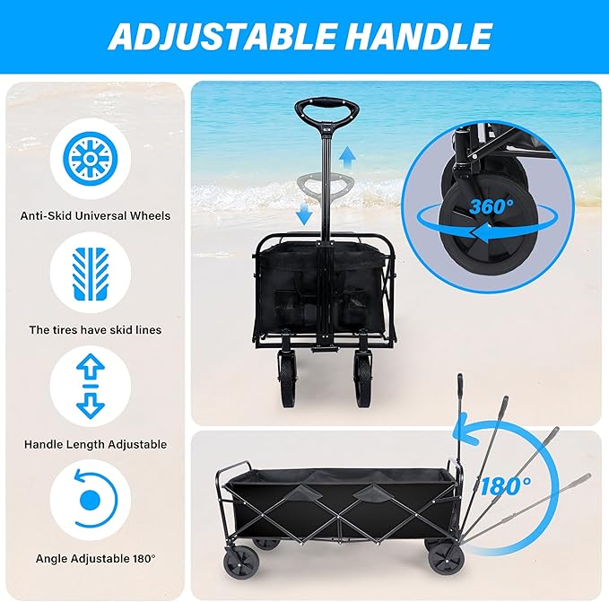 YSSOA Heavy Duty Folding Portable Hand Cart with Removable Canopy, 8'' Wheels, Adjustable Handles and Double Fabric for Shopping, Picnic, Beach, Camping