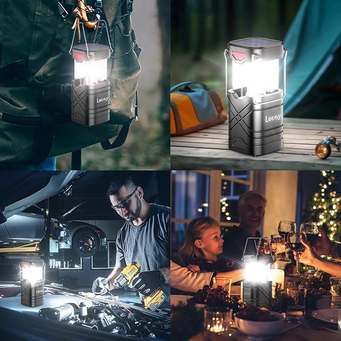 LETMY 4 Pack Camping Lantern, Rechargeable LED Lanterns, Solar Lantern Battery Powered Hurricane Lanterns Flashlight with 3 Powered Ways & USB Cable for Emergency, Power Outage, Hurricane Supplies