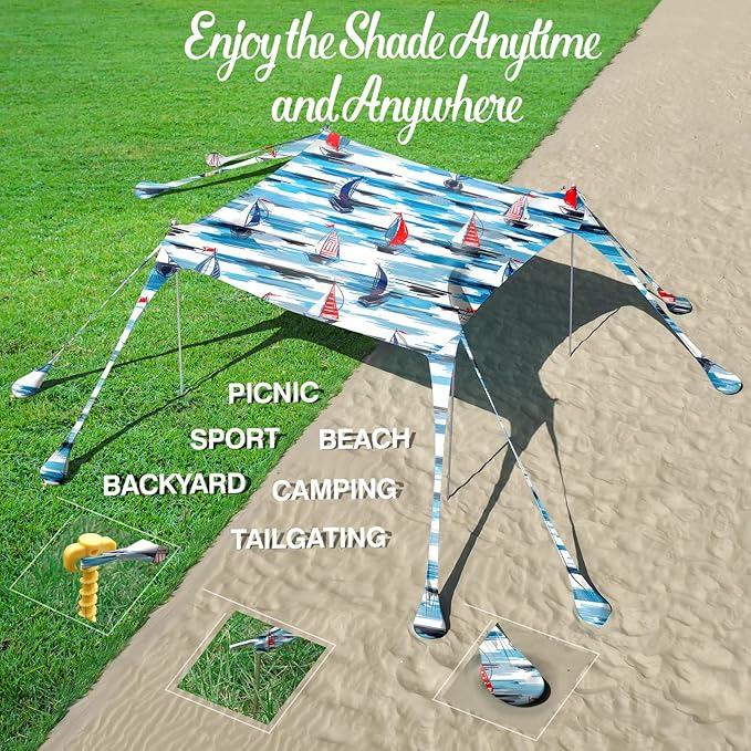 Rhino Valley Beach Tent Sun Shelter, Beach Canopy Tent Sun Shade UPF50+ Protection with 8 Sandbags 4 Stability Poles, Outdoor Beach Shade Canopy for Beach, Camping, Fishing