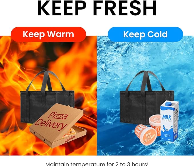 NZ home Insulated Cooler Bag and Food Warmer (Small, 2 pack) for Food Delivery & Grocery Shopping with Zippered Top, Black