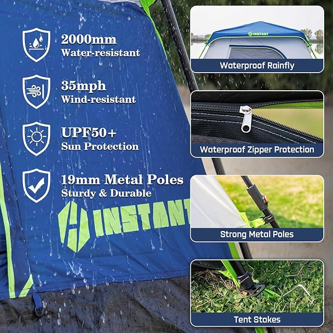 4/6 Person Instant Tent, Waterproof Pop Up Tents for Camping with Rainfly, 60 Seconds Easy Setup, Automatic Cabin Tent for Family Camping with Expandable Carry Bag & Upgraded Ventilation