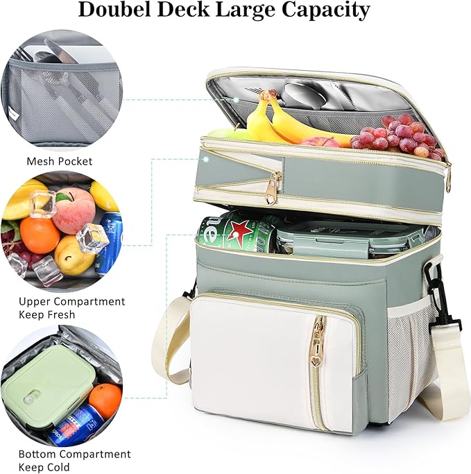 LOKASS Lunch Box for Women, 16L, Double Deck Expandable Insulated Lunch box For Adults/Women Thermal Large Waterproof Leakproof Cooler Bag with Shoulder Strap - Grey Green