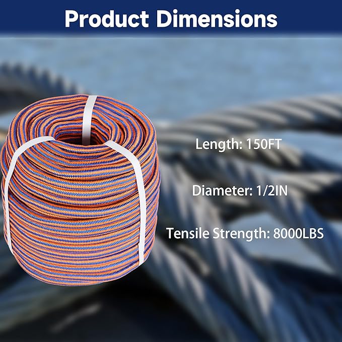Arborist Tree Rope, 1/2inch by 150FT, 12 Strand Bull Rope up to 8000lbs Tensile Strength, Blue and Orange