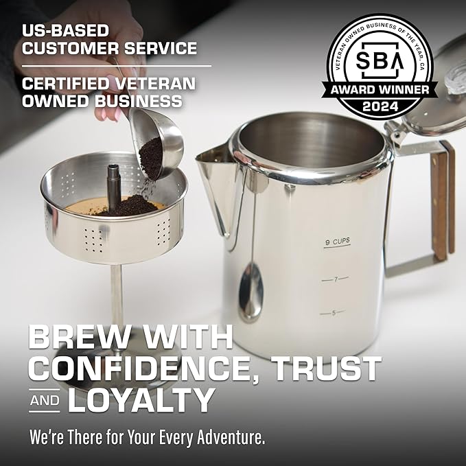 COLETTI Bozeman Super Bundle — Camping Coffee Pot, 2x Glass Globes, 100-Pack of Natural Filters — Camping's Best Percolator – Pure Stainless Steel [9 Cup Bundle]