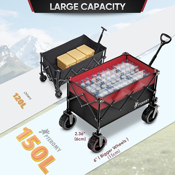 PTEROMY 150L Collapsible Wagon Cart Foldable, 360lbs Load Bearing Beach Cart Foldable Wagon for Shopping, Camping, Garden, Grocery, Outdoor (Black+Red)
