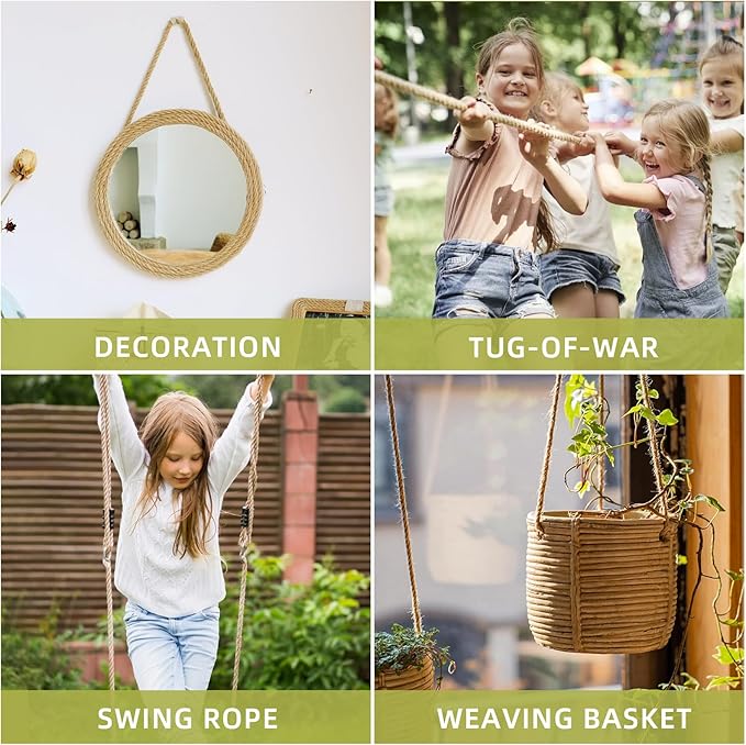 Hemp Rope, 1/3 Inch, 100 Feet - Twisted Jute Rope for Deer, Tug of War, Nautical Crafts, Home Decor, Gardening, Bundling, DIY Ornaments