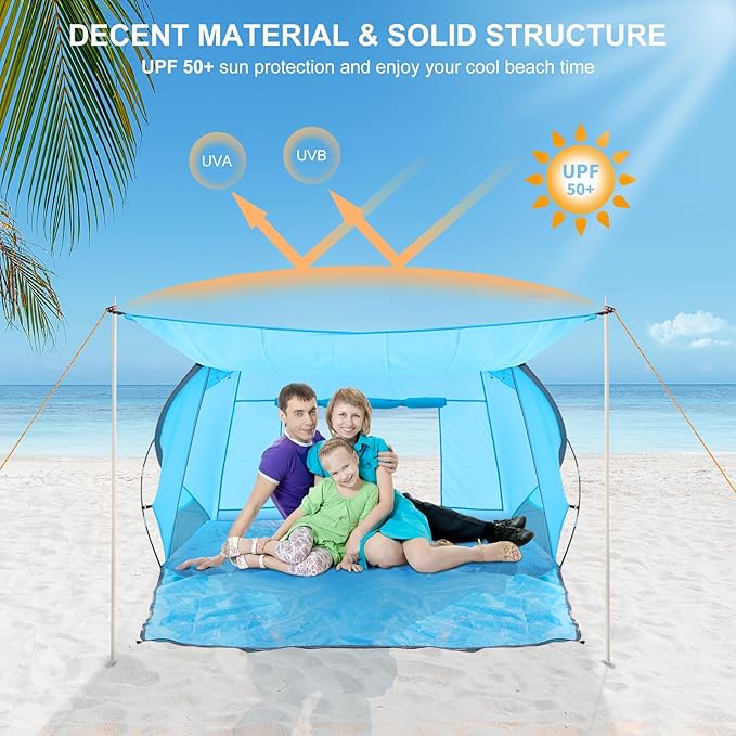 Beach Tent with Canopy, Beach Cabana Sun Shelter for 4-6 Person, Lightweight Portable Beach Cabana with UPF 50+ Sun Shelter and Ventilation Windows, Ideal for Family Fun and Outdoor Camping