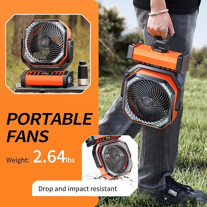 Camping LED Fan with Light, 40000mAh Rechargeable Battery Powered Outdoor Tent Fan with Light and Hook, 8 Speed, Personal USB Desk Fan for Camping, Fishing, Power Outage,Hurricane, Worksite