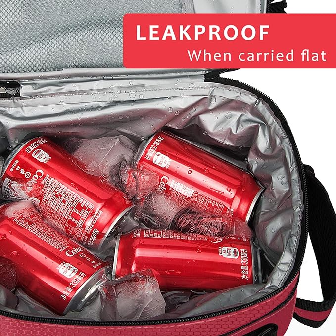 Expandable Insulated Lunch Bag, Leakproof Flat Lunch Cooler Tote with Shoulder Strap for Men and Women, Suitable for Work & Office, Red