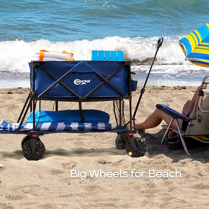 PORTAL 400L Collapsible Double Decker Wagon, Folding Wagon Cart with Tailgate, Beach Wagon with Big Wheels, 450LB Heavy Duty Foldable Wagon, Large Capacity Wagon for Camping, Sports, Garden, Baseball