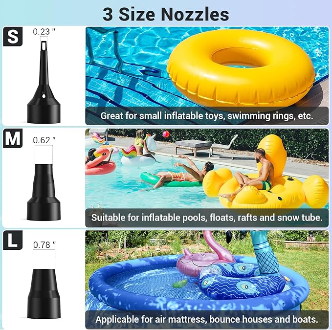 Dr.Meter Air Pump for Inflatables: AC 110V Air Mattress Pump with 3 Nozzles - Quick-Fill Electric Inflator Deflator for Inflatable Pool Raft Bed Boat Floats Swimming Rings Yoga Balls