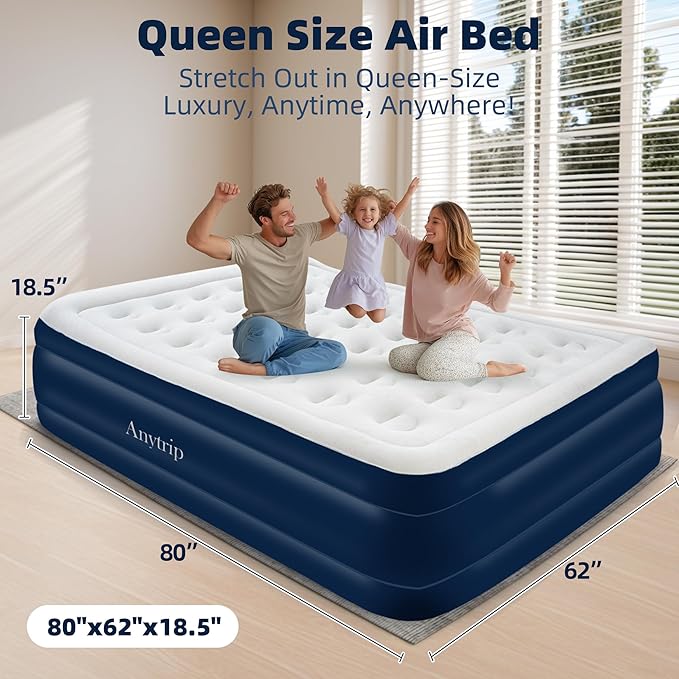 Queen Air Mattress with Built-in Pump Raised,18.5" Leakproof Blow Up Mattress,Portable Inflatable Air Bed with Waterproof Flocking Top for Home,Camping and Guests