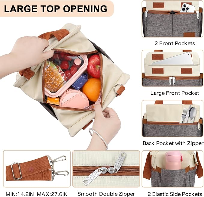 Joymee Lunch Box for Men Insulated Lunch Bag Women with Shoulder Strap Reusable Leakproof Large Spacious Lunch Cooler Tote for Women Adult with Bottle Holder and Side Pockets for Work - Brown