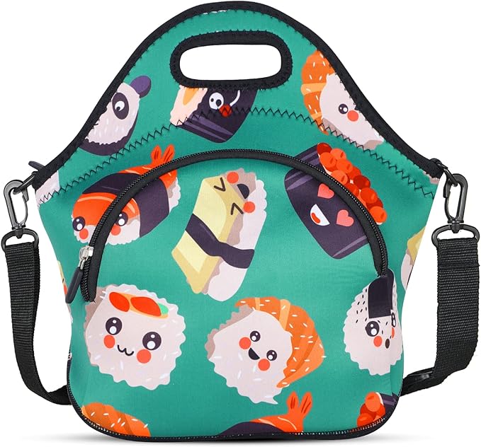 Violet Mist Women's Neoprene Insulated Lunch Bag Thermal Resealable Lunch Bag Tote Large with Extra Pocket Detachable Adjustable Shoulder Strap, Eye Sushi