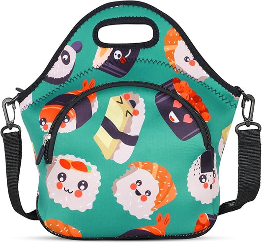 Violet Mist Women's Neoprene Insulated Lunch Bag Thermal Resealable Lunch Bag Tote Large with Extra Pocket Detachable Adjustable Shoulder Strap, Eye Sushi