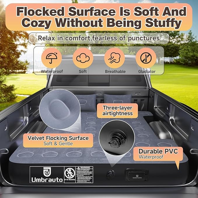 Umbrauto Built-in Pump Air Mattress for 5.5-5.8ft Full Size Truck Bed, Inflatable Airbed with Rechargeable Cordless Pump for Truck Tent Camper