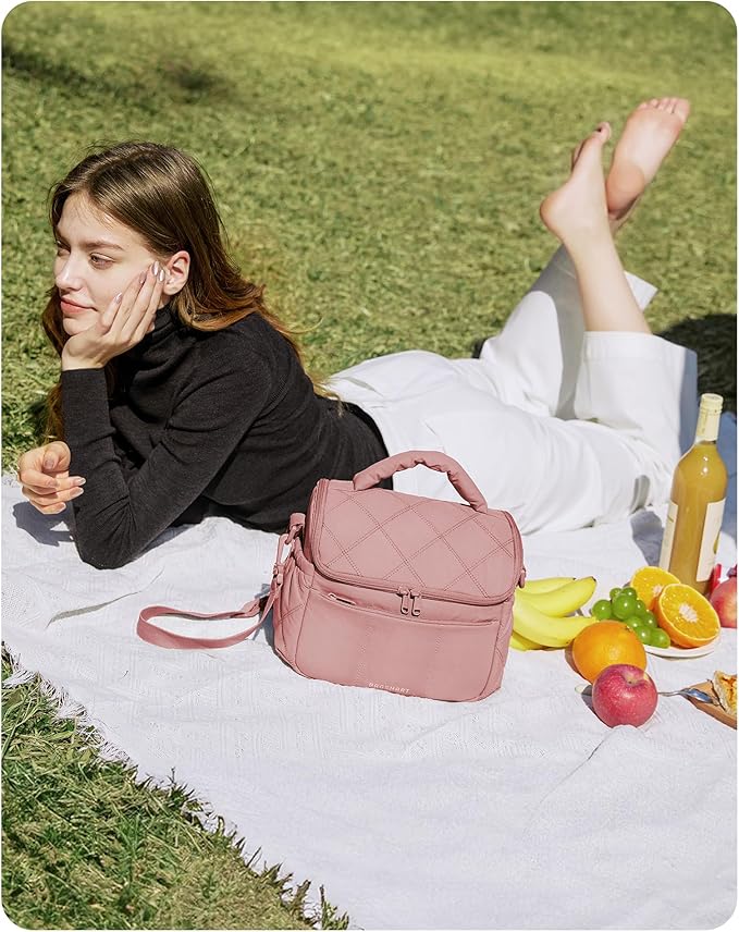 BAGSMART Insulated Lunch Bags for Women, Cute Quilted Lunch Box, Lightweight Puffy Padded Waterproof Lunch Tote, Reusable Lunch Cooler for Work Picnic Travel, Light Blue