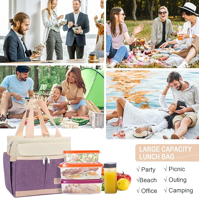 Joymee Lunch Box for Women Insulated Lunch Bag with Shoulder Strap Reusable Leakproof Large Spacious Lunch Cooler Tote for Women Adult with Bottle Holder and Side Pockets for Work Picnic - Purple