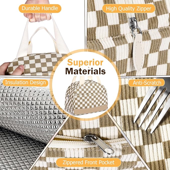 Lunch Box Lunch Bag for Women Men, Leakproof, Insulated Lunch Box Tote with Large Capacity, Lunch Container for Work/Office (Corduroy Khaki Grid)