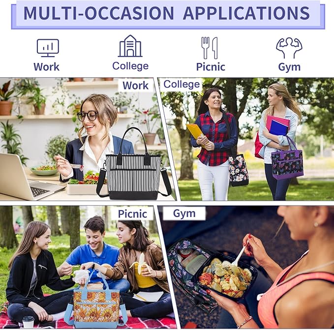 Lunch Bags for Women,VONXURY lnsulated Thermal Adult Lunch Box Large High-capacity Cooler Lunch Tote with Detachable Shoulder Strap for Work College Travel Picnic (Black Butterfly)