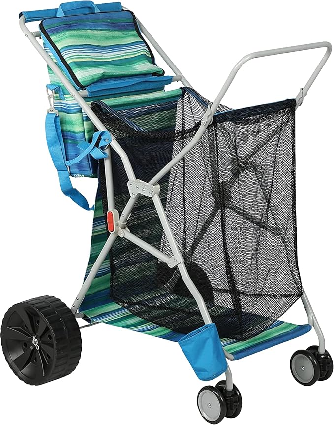 Beach Cart with Big Wheels for Sand, Collapsible All-Terrain Beach Wagon with Cooler Bag & Umbrella Holder, Large Mesh Storage, Supports 100lbs for Camping, Outdoor, Shopping, Dark Blue