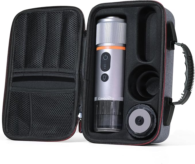 CONQUECO Portable Espresso Machine Travel: 12v Car Coffee Maker with Battery for Camping - Small Electric - 2.5 Mins Heating - Set With Ground Coffee & NS Capsule & Handbag for RV, Hiking, Office