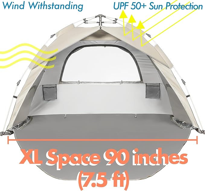 Beach Tent Pop Up Beach Sun Shade Tent with UPF 50+ UV Protection, Removable Floor Zippered Privacy & Ventilation Sun Shelter Family 3 to 4 Person