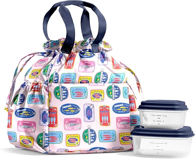 Fit & Fresh Lunch Bag For Women, Insulated Womens Lunch Bag For Work, Stain-Resistant Large Lunch Box For Women With Containers, Cinch Closure Cromwell Bag, Assorted Sardine Cans