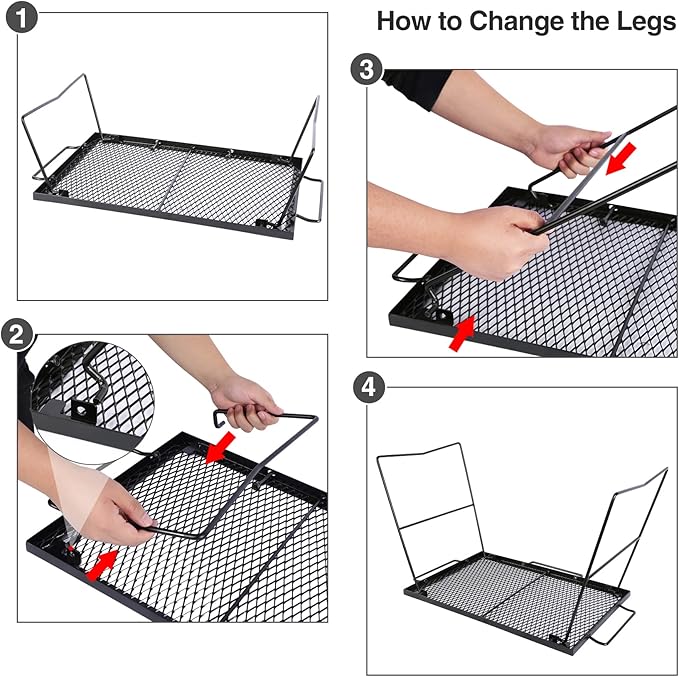 Folding Campfire Grill Grate, Portable Heavy Duty Steel Over Fire Camp Grill for Outdoor Camping Cooking Fire Pit, Black with 2 Heights