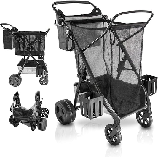Large Wheeled Collapsible Beach Cart for Soft Sand, Shopping, Camping & Garden- Lightweight Aluminum Frame- Removable Storage Bag with Carrying Straps, X-L Capacity & Cooler Rack Dark Grey