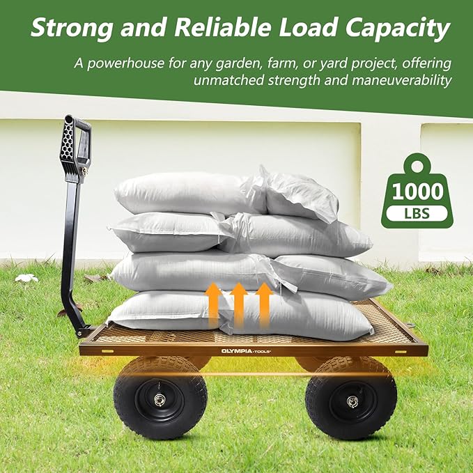 Olympia Tools Steel Garden Cart 1,000lbs 6-cu ft Utility Cart, Heavy Duty Wagon, with Removable Mesh Sides to Convert into Flatbed, Lawn and Utility Wagons Cart